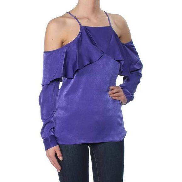 BAR III LADIES COLD SHOULDER RUFFLED BLOUSE, DEEP IRIS PURPLE, MEDIUM, NWT - Picture 1 of 7